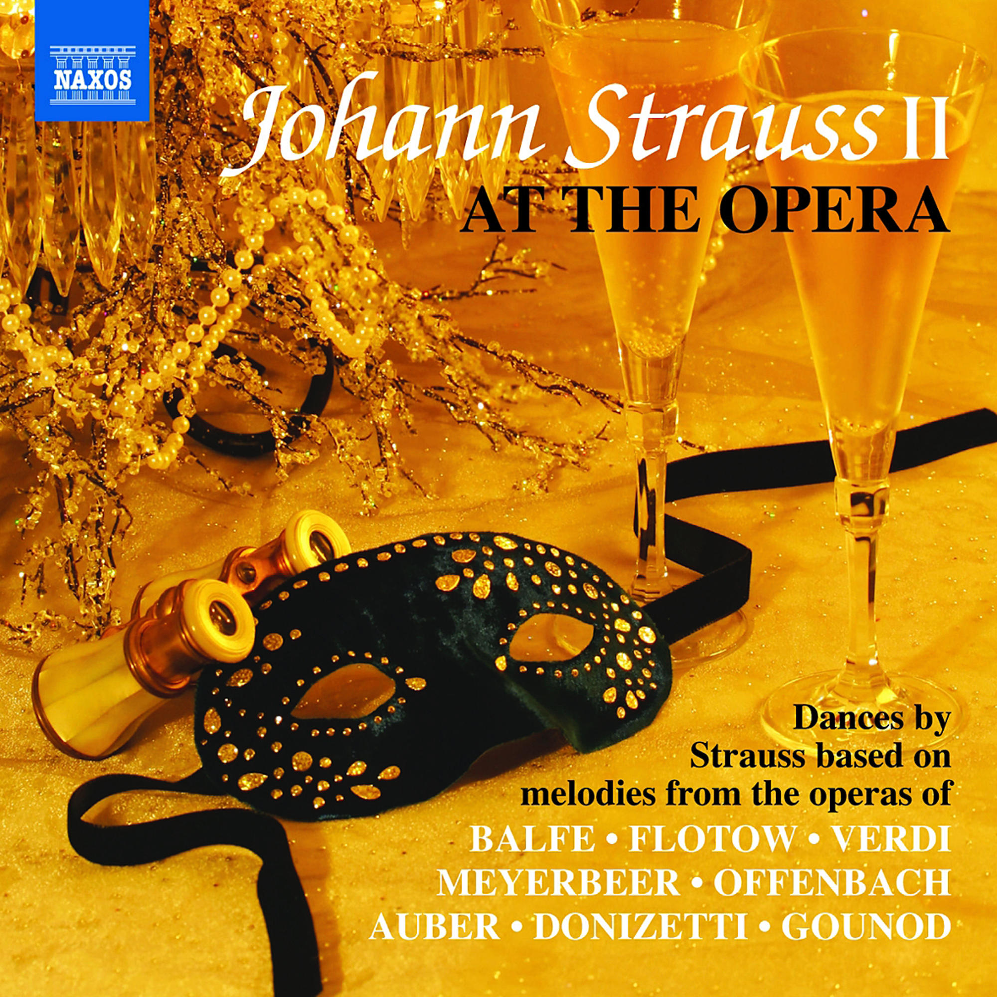 CD-Cover mit zwei Champagnergläsern, einer Maske und Text auf goldenem Hintergrund.