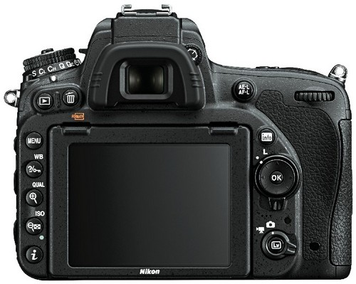 De achterkant van een zwarte Nikon-camera, met een scherm en knoppen.