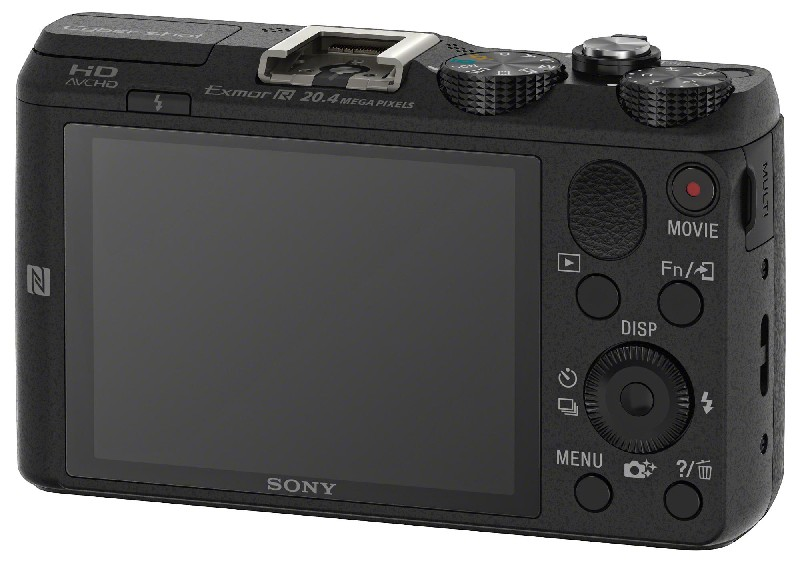 Black Sony digital camera showing back with screen and buttons.