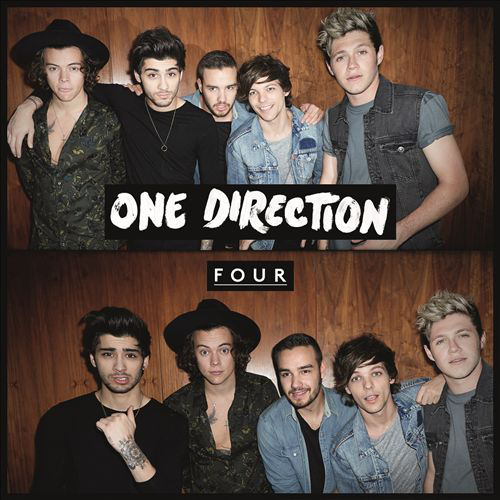 Album borító a One Direction zenekarral, pózolva egy fotóhoz. A "FOUR" szó középen.