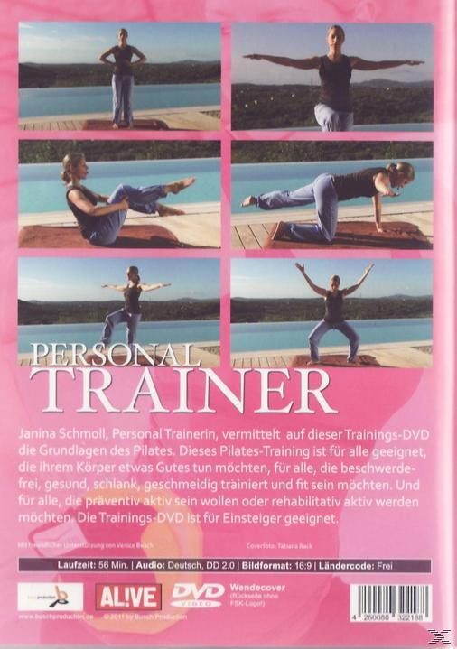 DVD-Cover mit einer Frau, die Pilates-Übungen demonstriert. Text: Personal Trainer. Mehrere Übungsbilder.