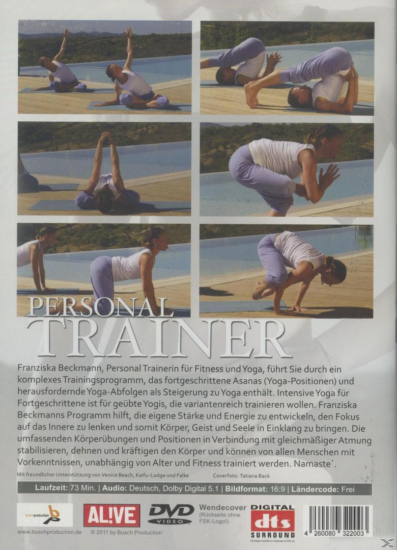 DVD-Cover. Frau macht Yoga-Posen. Text: Personal Trainer. Mehrere Bilder zeigen Yoga-Positionen.