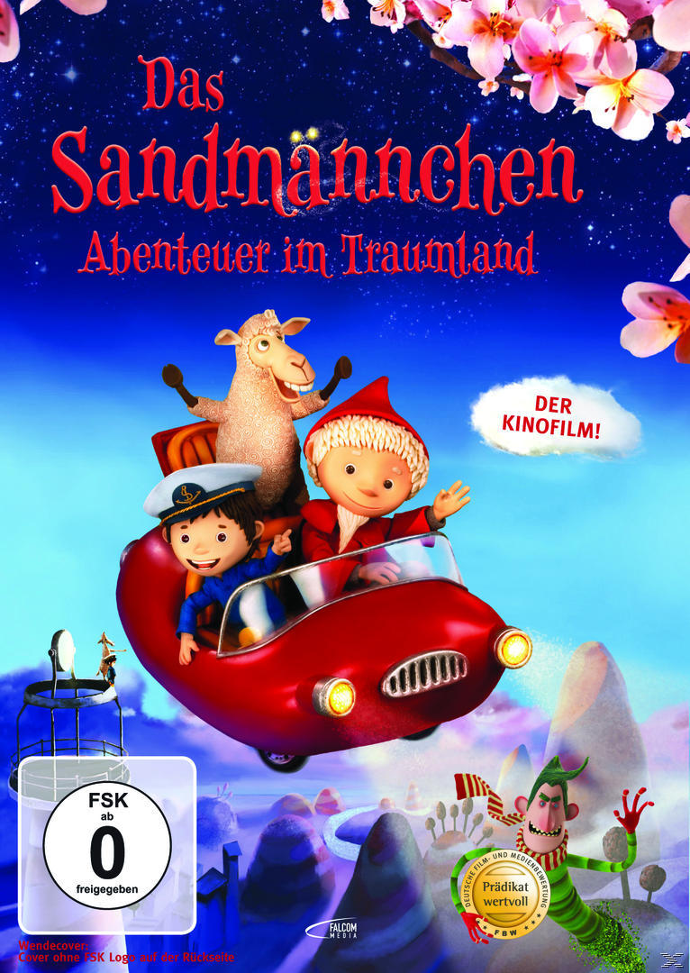 Filmposter: Ein rotes Auto trägt einen Jungen, zwei Figuren und ein Schaf. Text auf Deutsch, mit Blumen im Hintergrund.