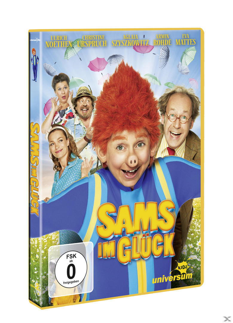 DVD-Hülle mit Kindern. Auf dem Cover steht 'Sams im Glück'. Der Hintergrund hat Regenschirme.