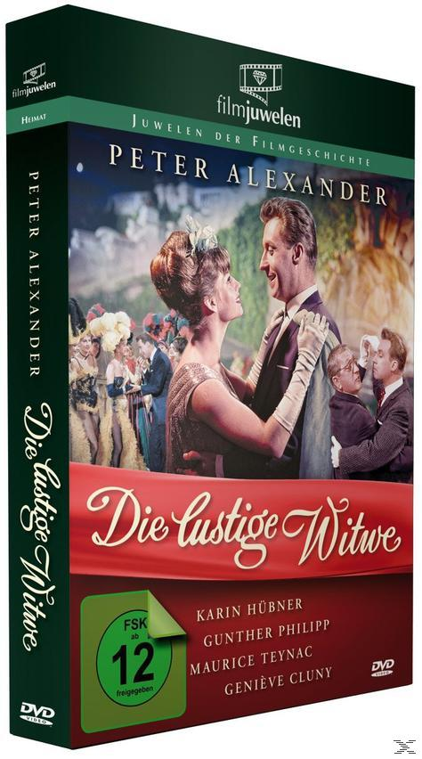 DVD-Hülle mit Schauspielern, Titel „Die lustige Witwe“. Grün-schwarzes Design.