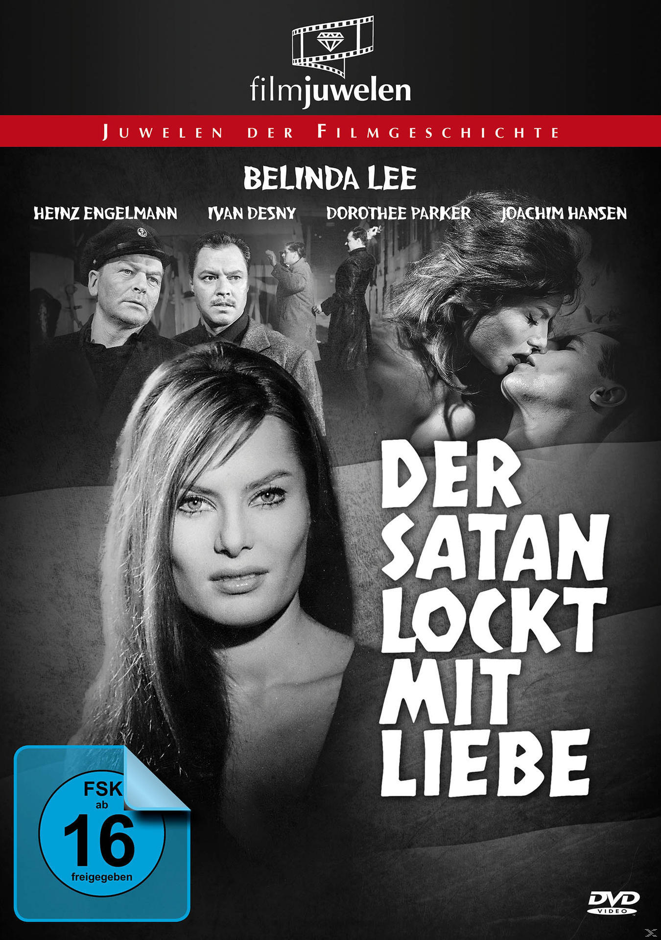 DVD-Cover: Schwarz-Weiß-Bild einer Frau und Text auf Deutsch mit dem Titel "Der Satan lockt mit Liebe".