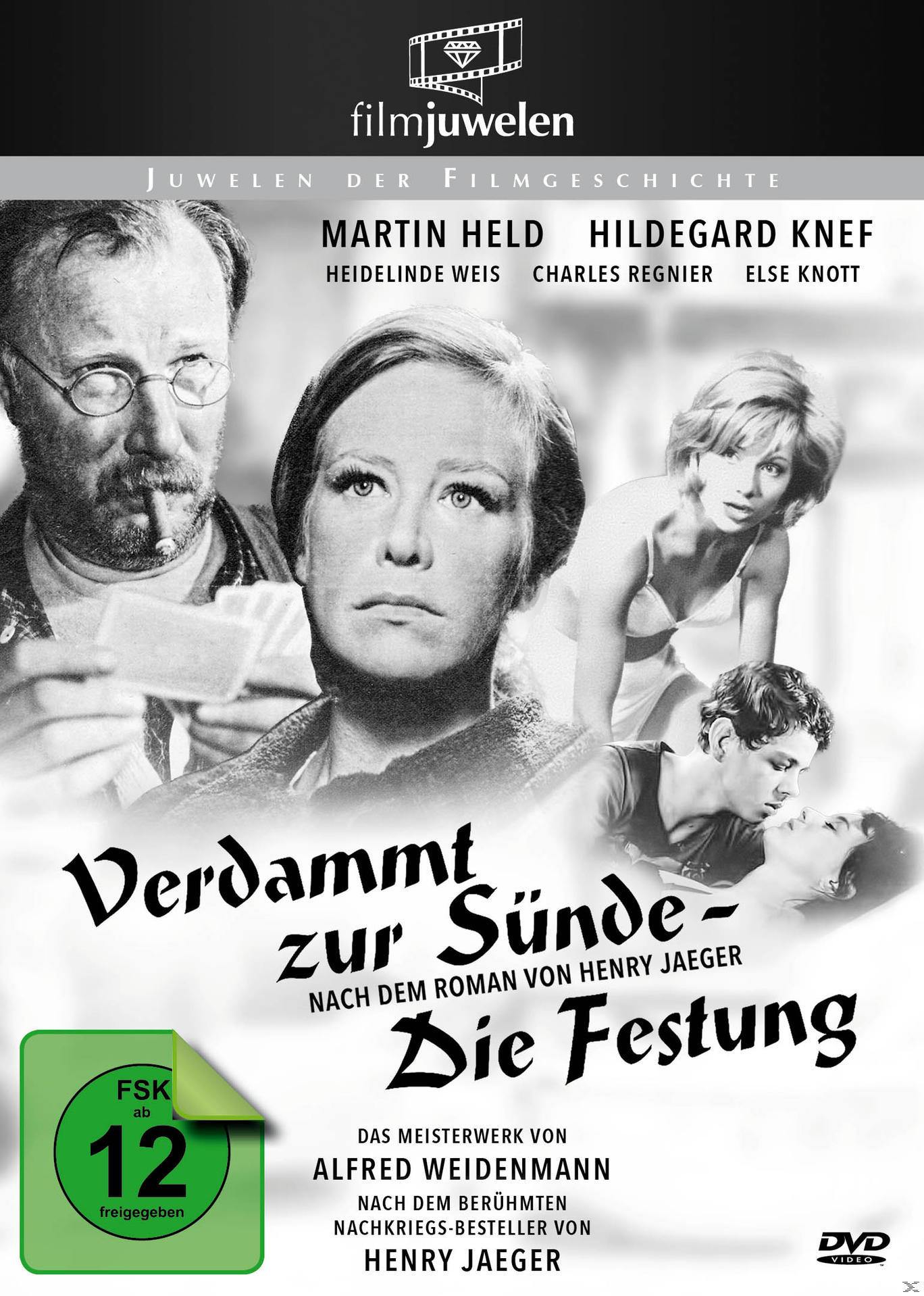 Ein Graustufen-Filmposter mit mehreren Schauspielern, einem rauchenden Mann und dem Filmtitel 'Verdammt zur Sünde-Die Festung'.
