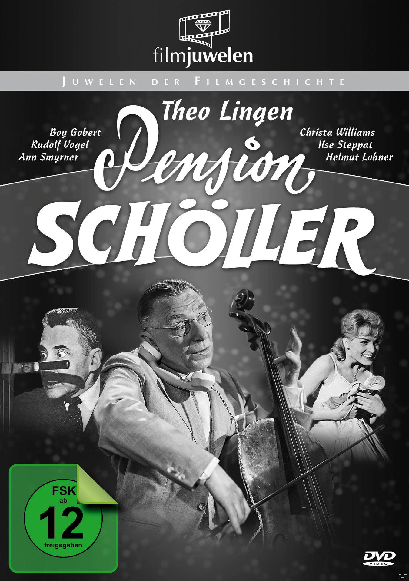 Schwarz-weiß DVD-Cover mit drei Personen, mit einem Cello und Text auf Deutsch.