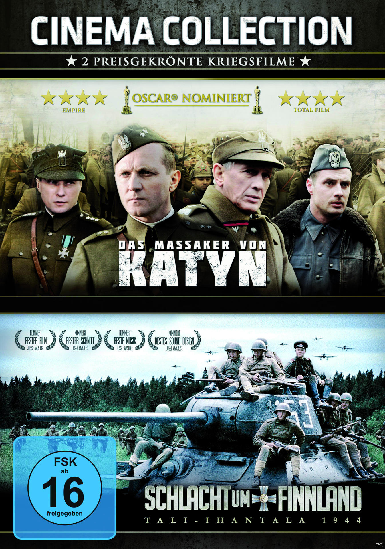 Filmplakat mit Militärfiguren und Panzern, mit dem Titel 'Das Massaker von Katyn' und 'Schlacht um Finnland'.