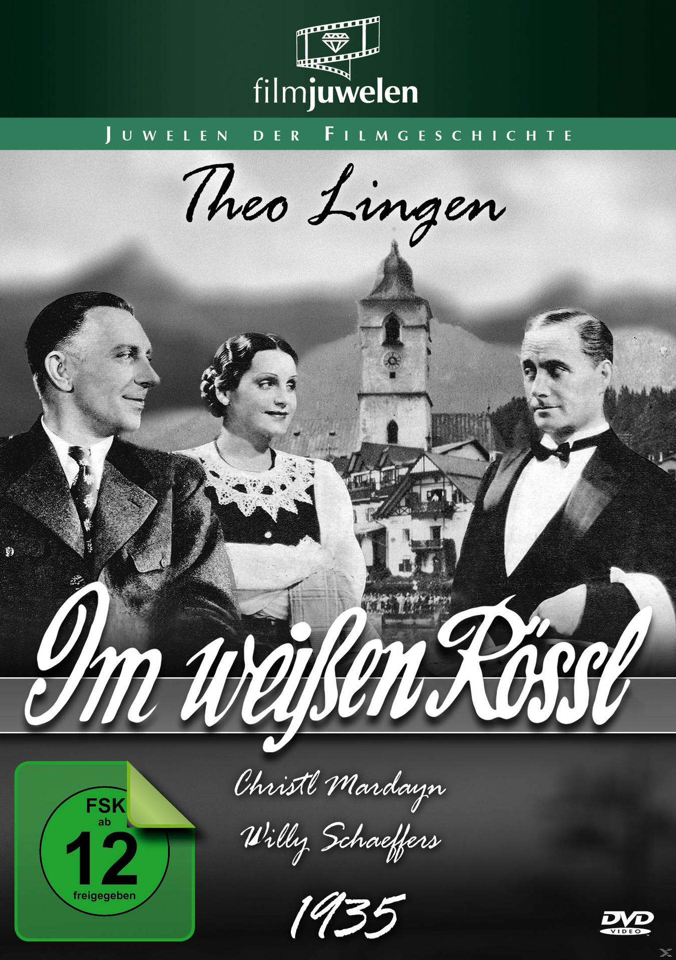 Filmcover eines Schwarzweißfilms. Drei Personen stehen im Mittelpunkt. Text auf Deutsch.