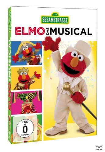 DVD-Cover von Elmo das Musical. Elmo in weißem Anzug und Hut. Bunte Sesamstraßen-Charaktere.