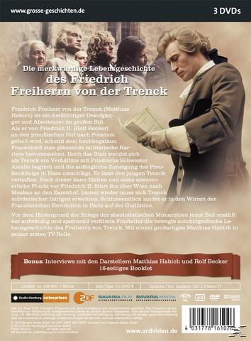 Das Leben des Friedrich Freiherr von Trenck DVD Rückseite. Enthält Text und Männer in historischer Kleidung.