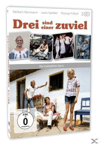 DVD-Cover mit mehreren Fotos von Personen. Der Titel lautet 'Drei sind einer zuviel'.