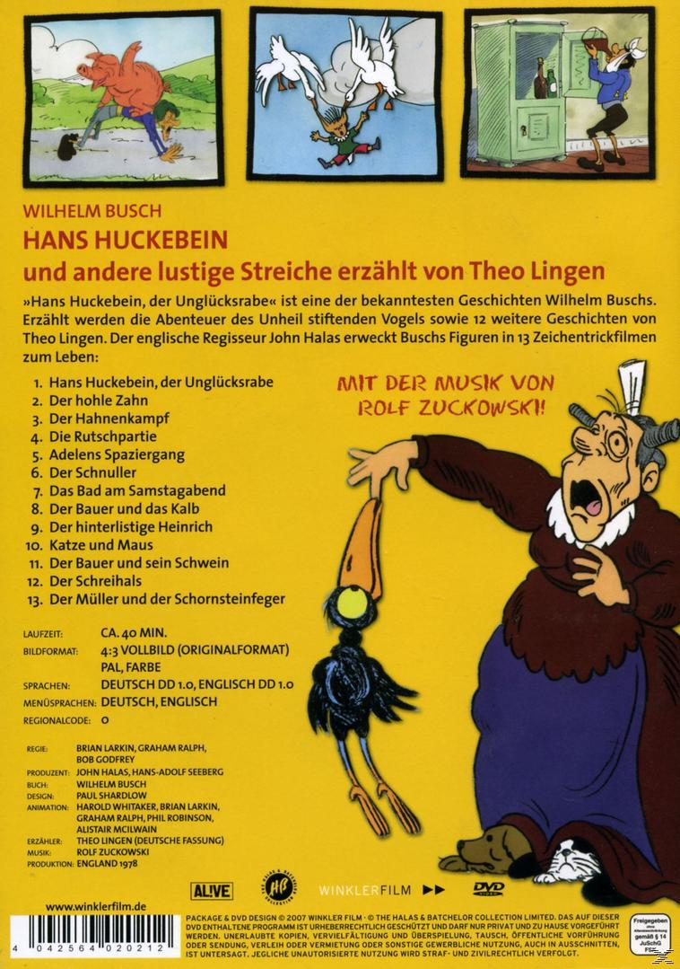 DVD-Cover. Cartoonfiguren, Text auf Deutsch. Titel: Hans Huckebein.