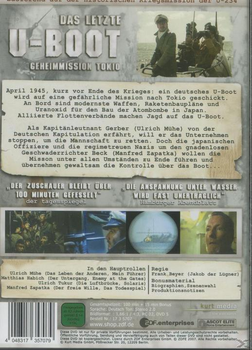 Rückseite einer DVD-Hülle. Text und Bilder beziehen sich auf eine U-Boot-Mission während des Zweiten Weltkriegs.