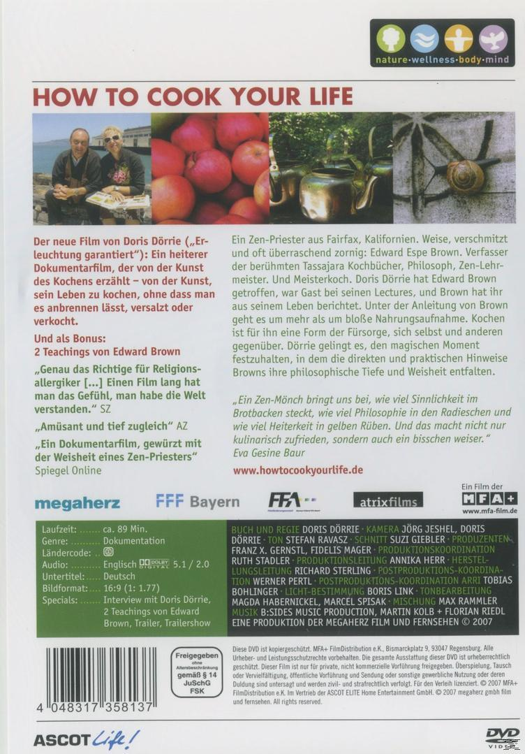 DVD-Cover: Ein Mann und eine Frau in einem Garten, rote Äpfel, Text auf Deutsch, Titel 'How to cook your life'.