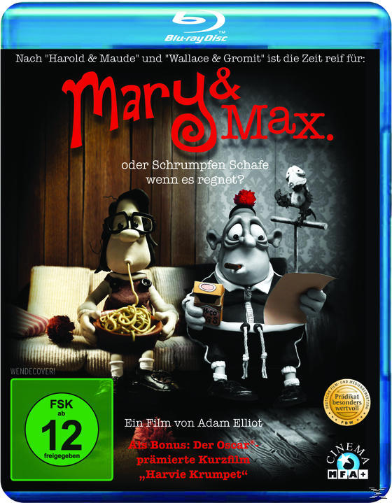 Filmcover. Zwei Lehmfiguren sitzen auf einem Sofa. Der Titel ist Mary & Max.