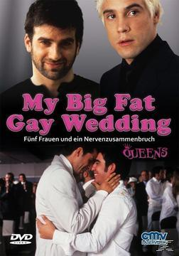 DVD-Cover einer homosexuellen Hochzeit. Zwei Männer umarmen sich. Andere Männer und eine Menschenmenge im Hintergrund.
