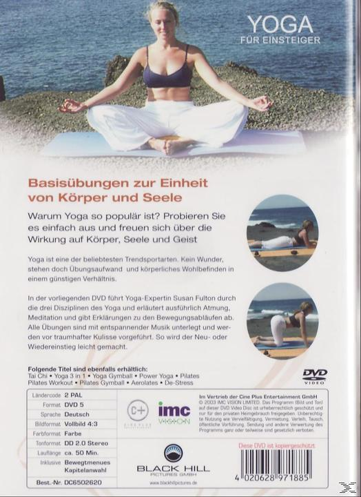 Yoga für Anfänger DVD-Cover. Frau meditiert, Text und Bilder von Yoga-Posen.