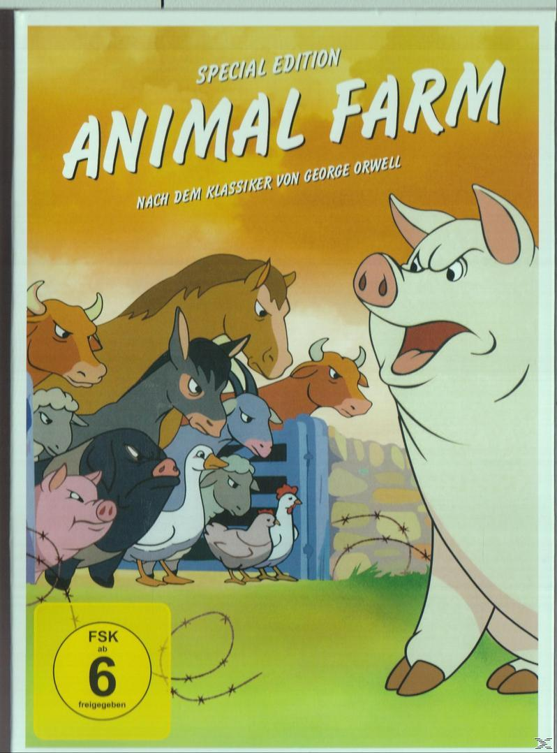 DVD-Cover für Animal Farm. Zeichentricktiere in einer Bauernhofszene. Sonderausgabe-Text. Gelber Hintergrund.