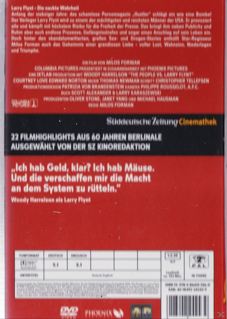 DVD-Cover für „Larry Flynt – Die nackte Wahrheit“ mit Text und Filmguthaben.
