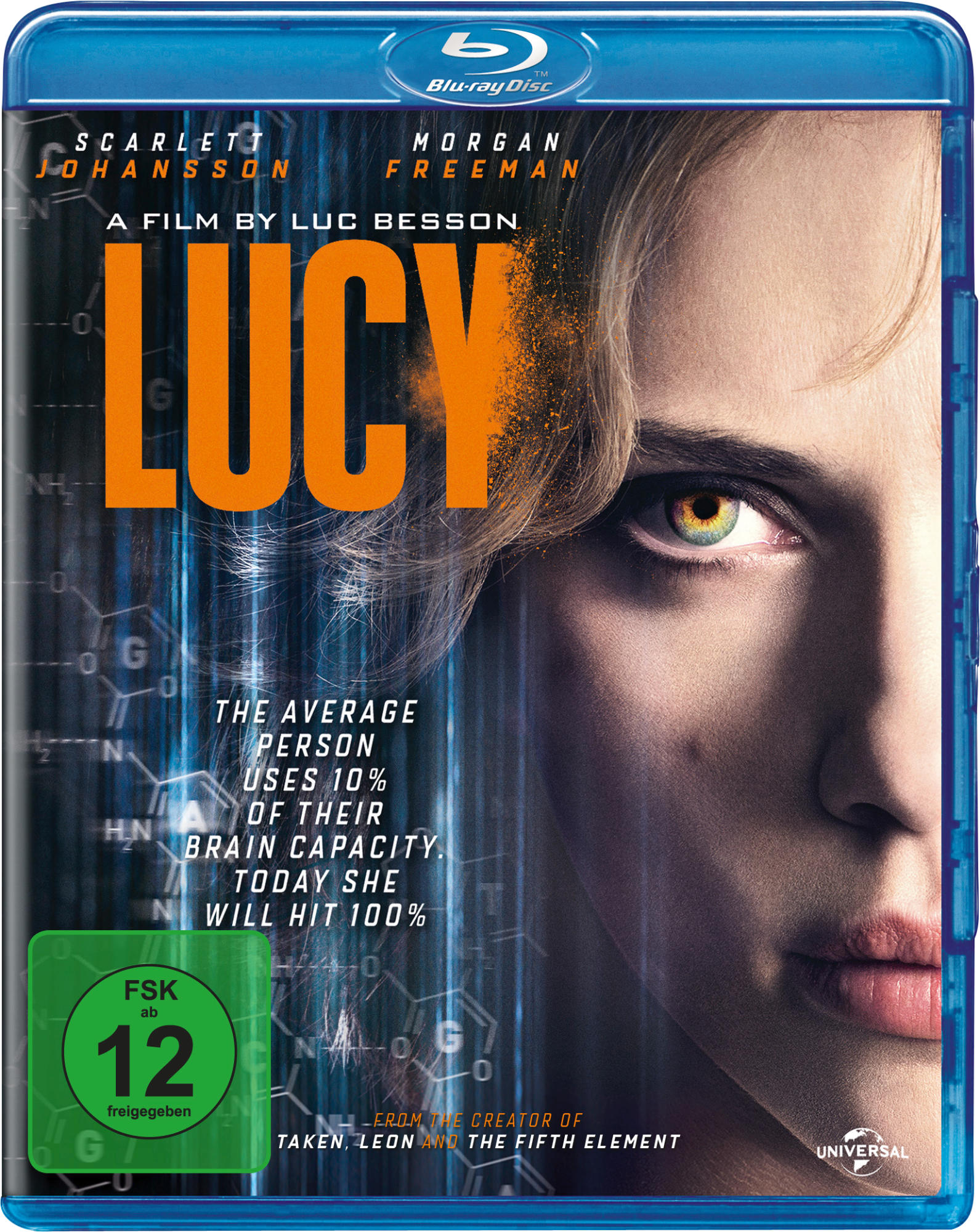 Blu-ray-Hülle für den Film Lucy. Das Gesicht einer Frau ist zu sehen, mit dem Wort Lucy in Großbuchstaben.