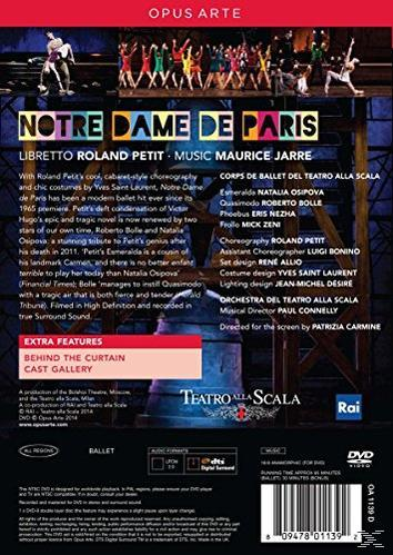 DVD-Cover: Notre Dame de Paris. Text und Bilder einer Ballettaufführung. Die Rückseite enthält Credits und weitere Informationen.