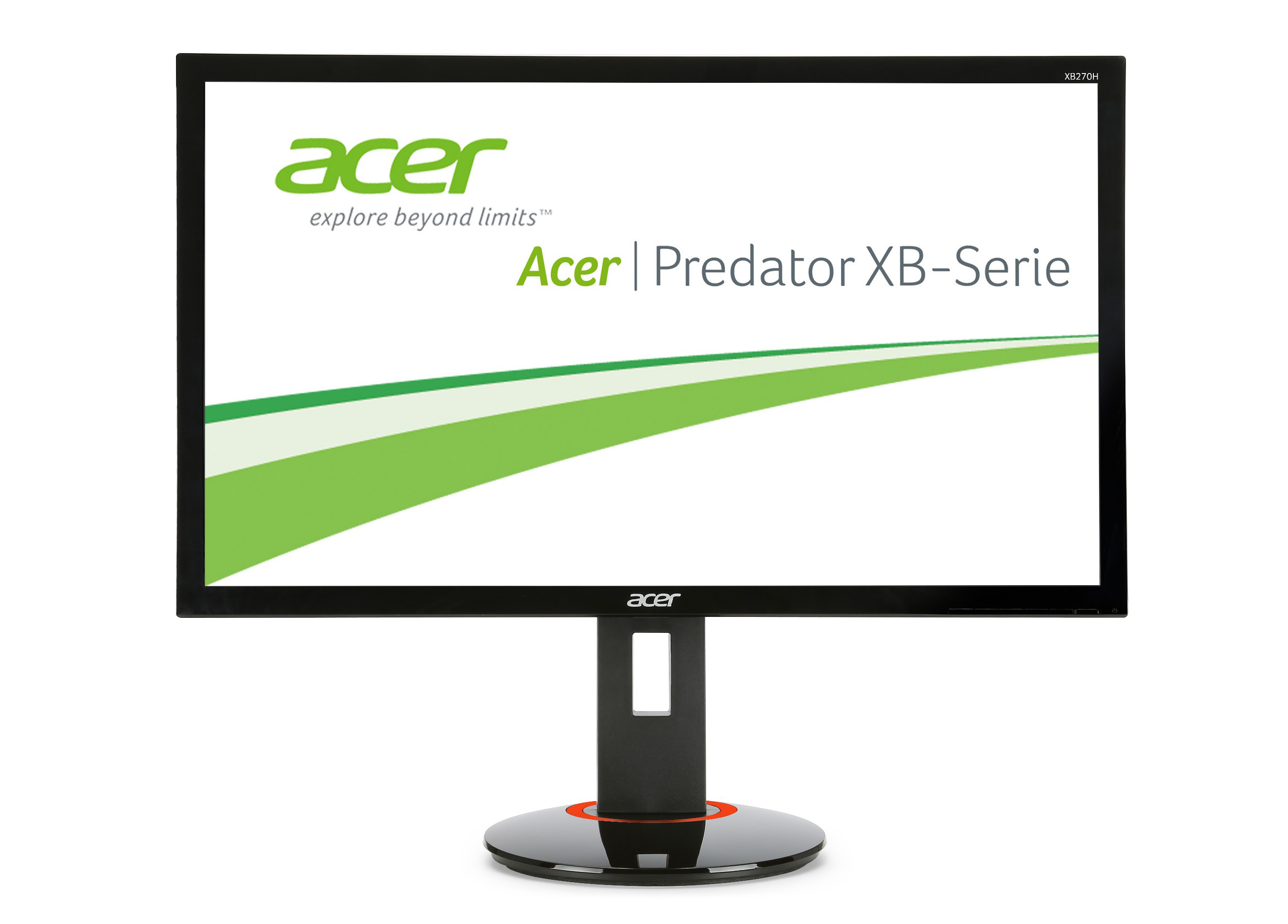 Acer Predator XB-Serie Monitor, schwarzer Rahmen, grünes Logo, auf weißem Hintergrund.
