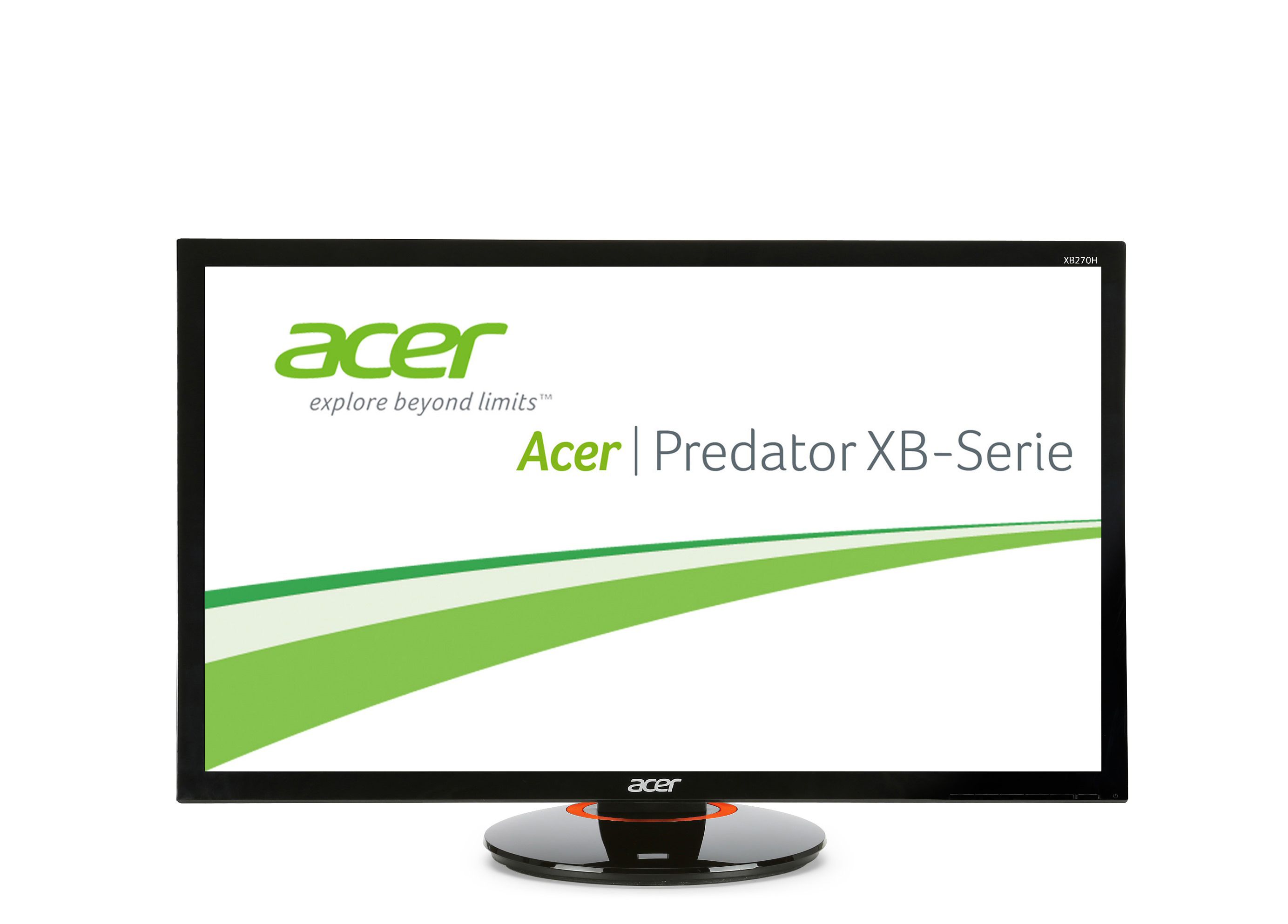 Acer Predator Monitor. Schwarzer Rahmen, grünes Logo, weißer Hintergrund.