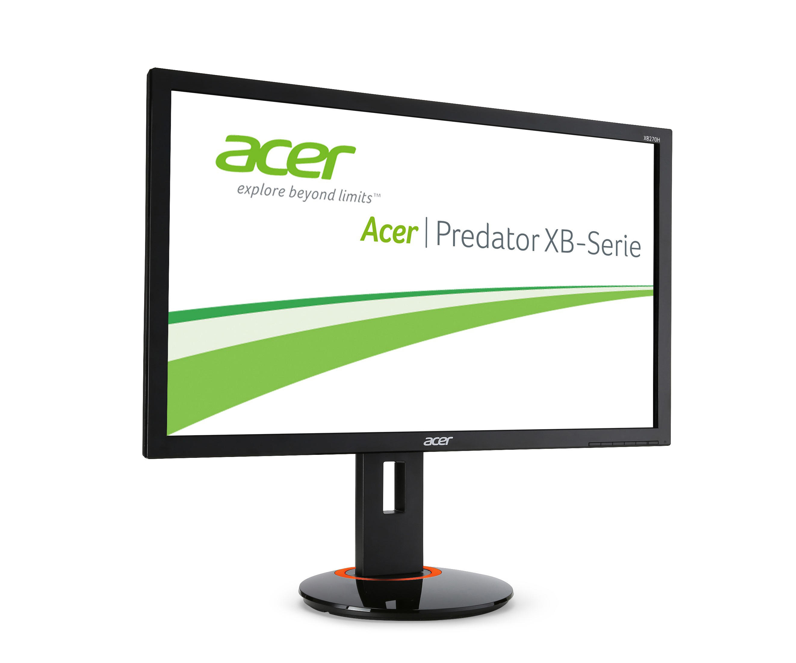 Acer Predator XB-Serie Monitor. Schwarz mit grünem Acer-Logo. Weißer Hintergrund.