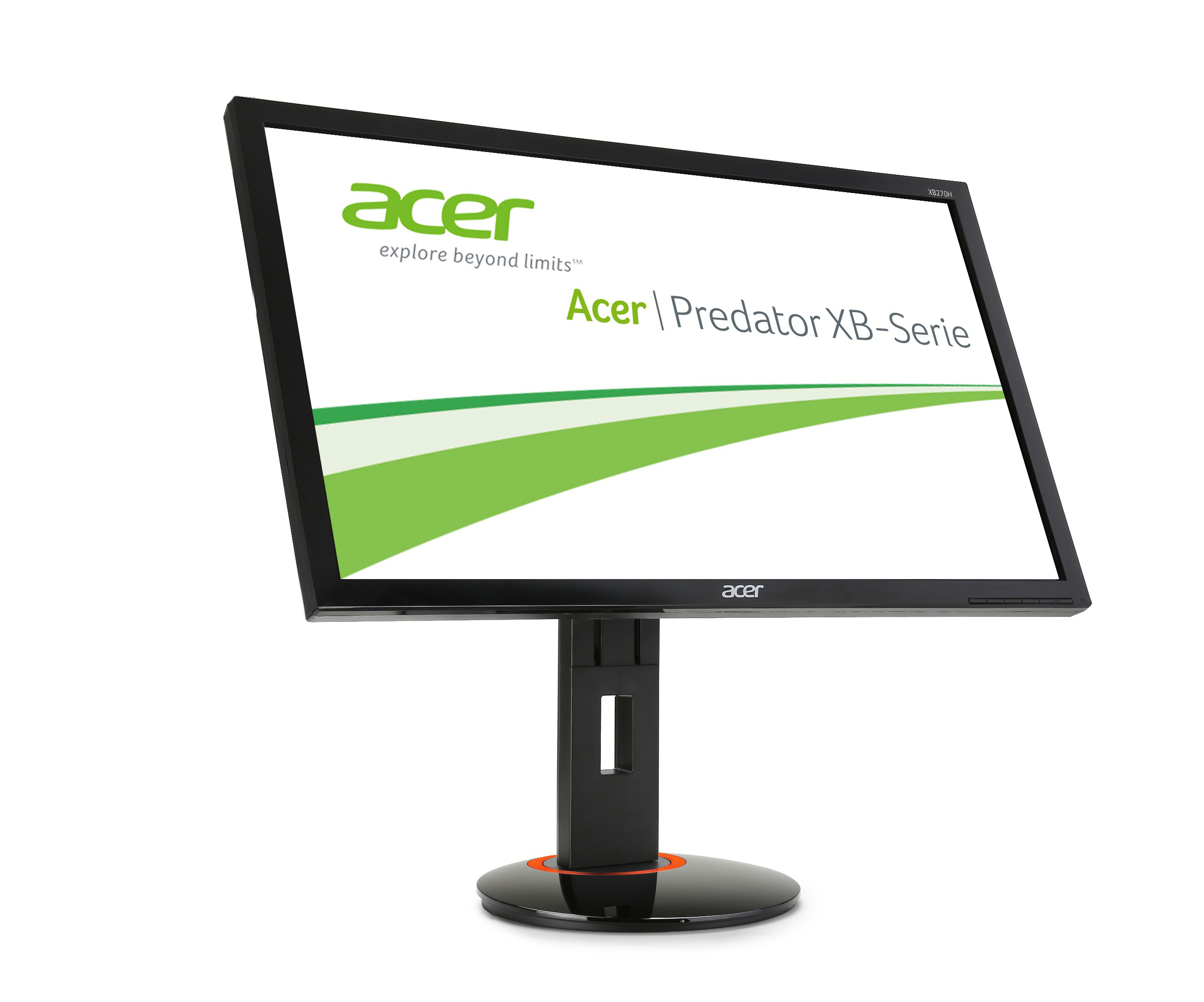 Acer Computermonitor. Schwarzer Rahmen, weißer Bildschirm mit grünem Acer-Logo und Text. Modell: Predator XB-Serie.