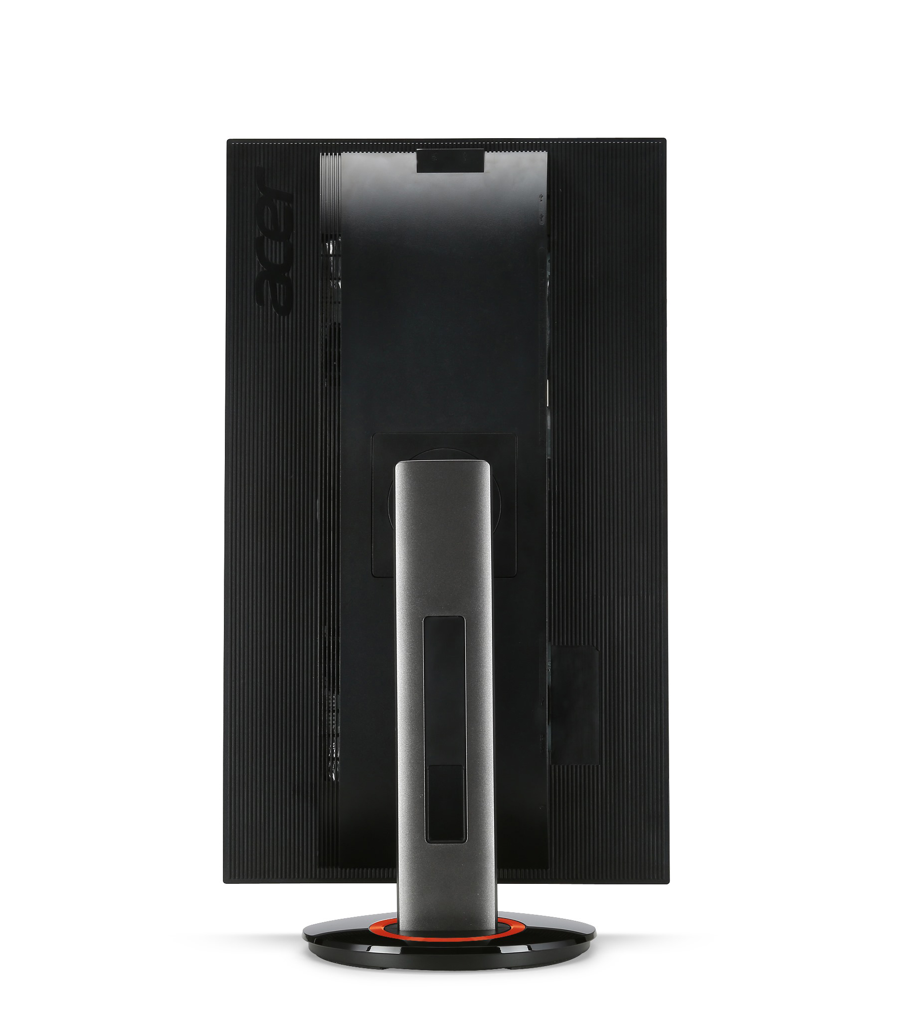 Rückansicht eines schwarzen Computermonitors mit silbernem Ständer. Acer-Logo oben links.