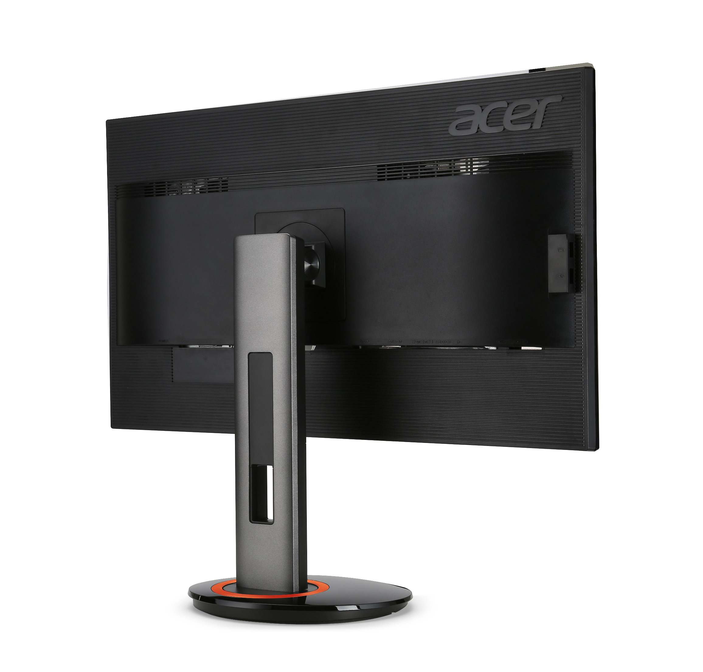 Rückansicht eines schwarzen Acer-Monitors. Der Sockel ist orange und hat einen silbernen Ständer. Weißer Hintergrund.