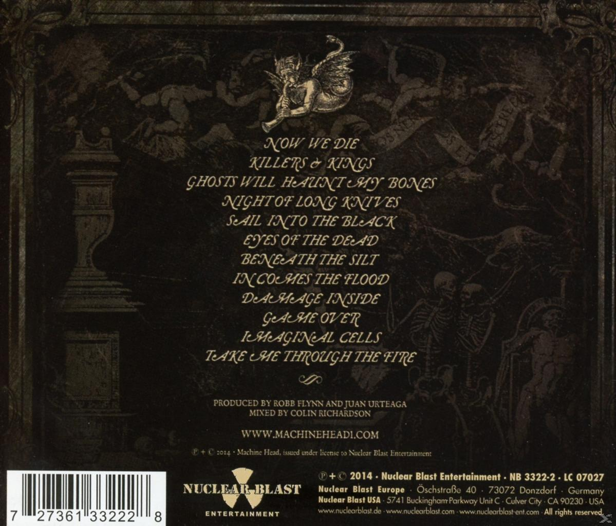 Rückseite der CD-Hülle mit Songtiteln, Bandinfos und Bildern von Figuren. Dunkelbrauner Hintergrund.
