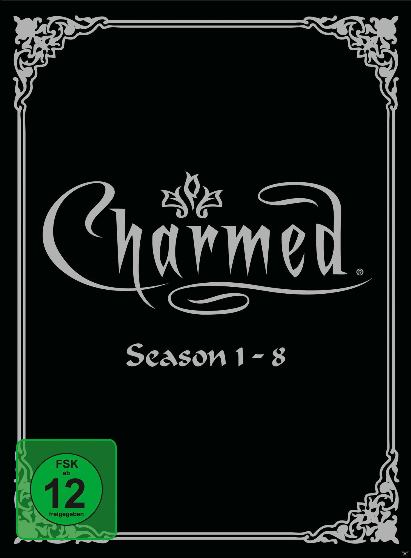 DVD-Cover von Charmed, mit dem Logo der Serie und dem Text 'Season 1-8'.
