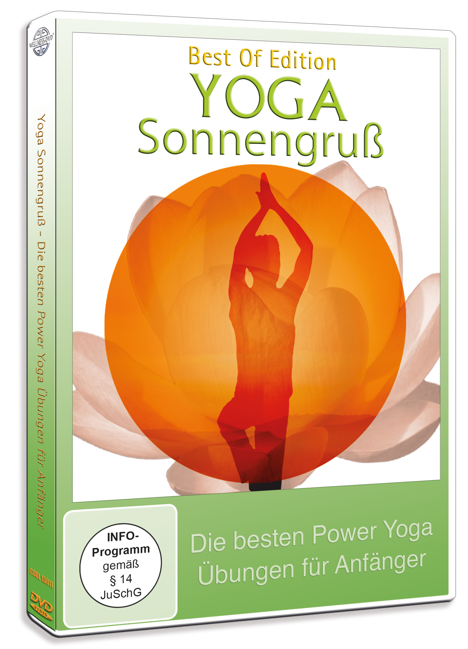 DVD-Cover: Yoga Sonnengegruss mit Person in Yoga-Pose und orangefarbenem Hintergrund.