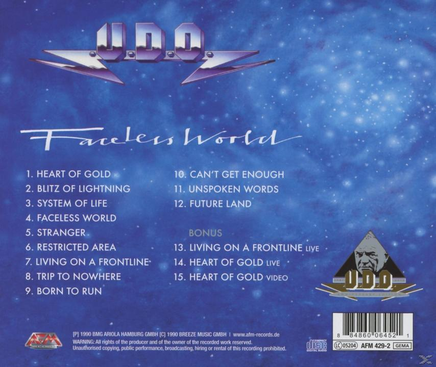 CD-Cover, blauer Hintergrund mit Bandlogo. Der Titel lautet Faceless World.