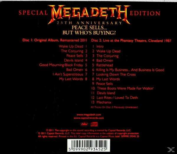 CD-Rückseite: Text und eine Liste der Songs. Album ist 25th Anniversary Special Edition von Peace Sells... but Who's Buying?