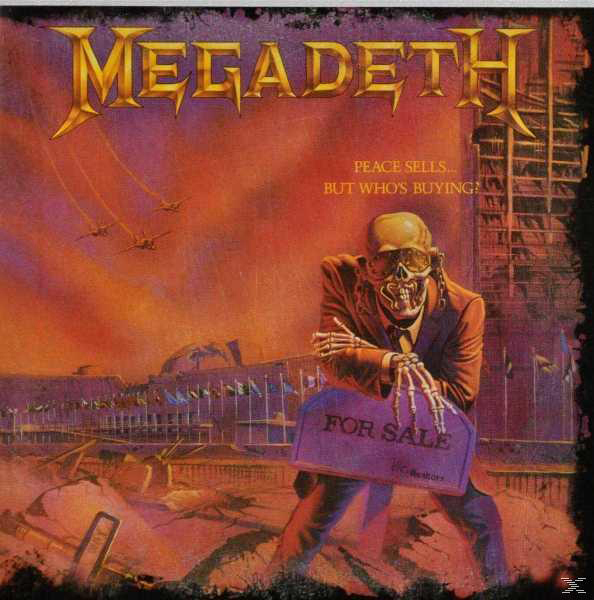 Megadeth-Albumcover. Skelett im Anzug hält Grabstein mit 'FOR SALE'. Gebäude und Jets im Hintergrund.