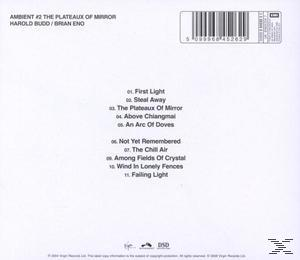 Album-Rückseite. Text: AMBIENT #2 THE PLATEAUX OF MIRROR. Künstler: Harold Budd / Brian Eno. Titelliste.