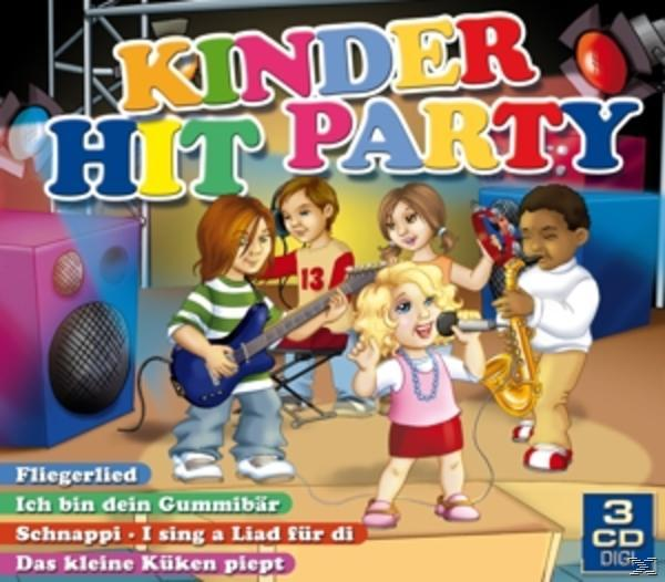 Kinder Hit Party CD-Cover mit singenden Kindern und Instrumenten.