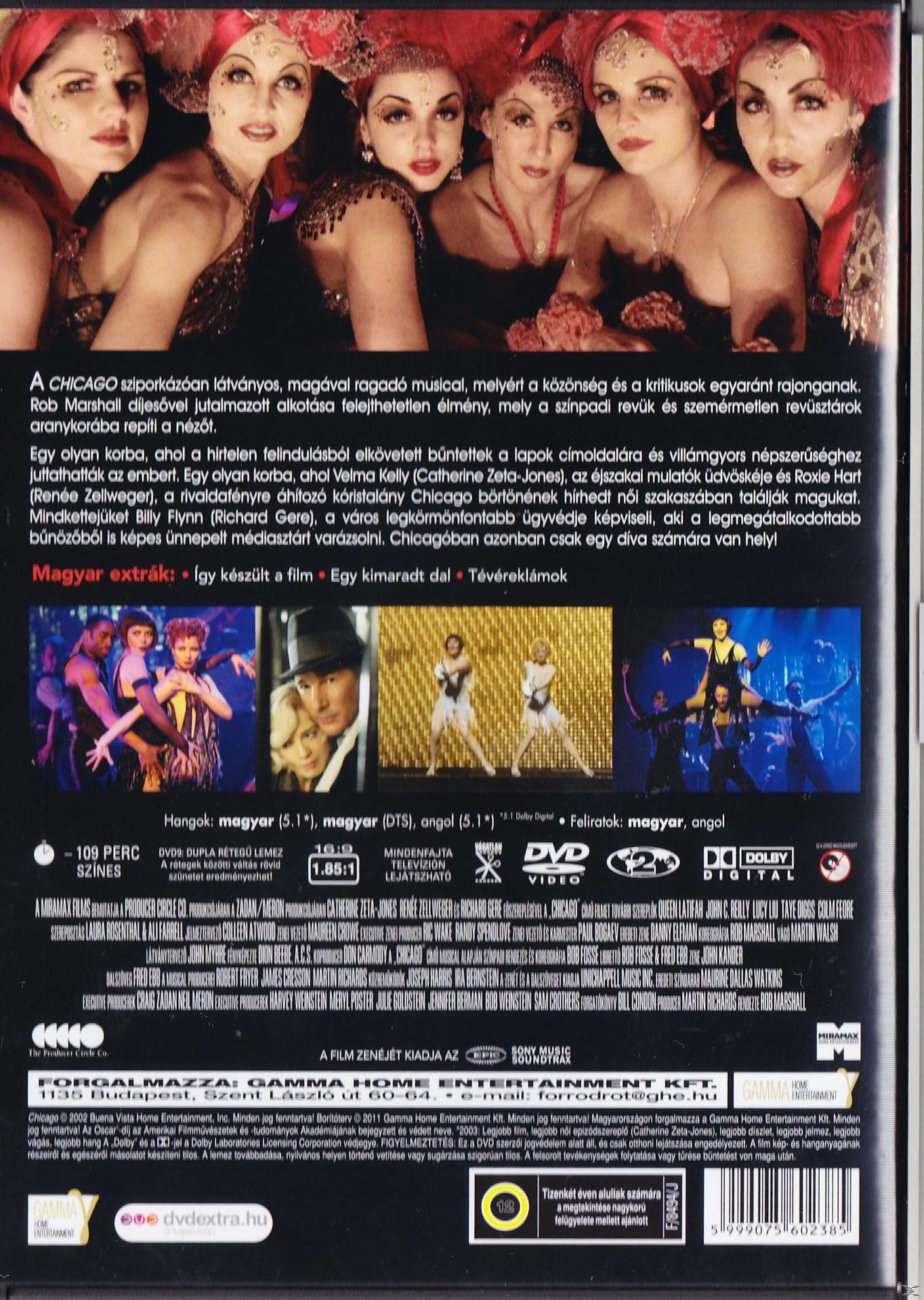DVD-borító a Chicago musicalhoz. Nők csoportja és a filmből származó képek.