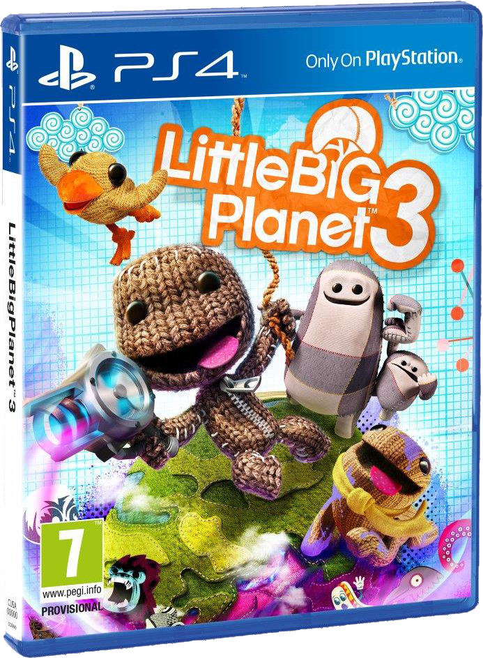 Little Big Planet 3 játék doboza, Sackboy-jal és más karakterekkel kék háttéren.