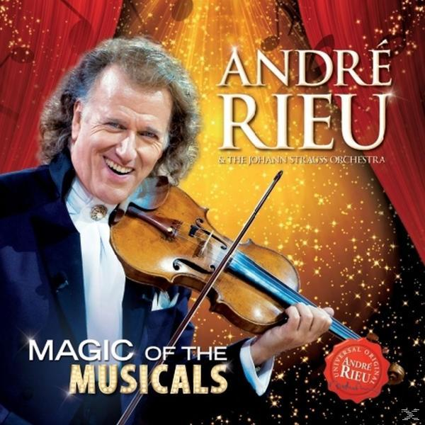 Albumhoes voor 'Magic of the Musicals' van André Rieu, met hem met een viool en een podiumachtergrond.