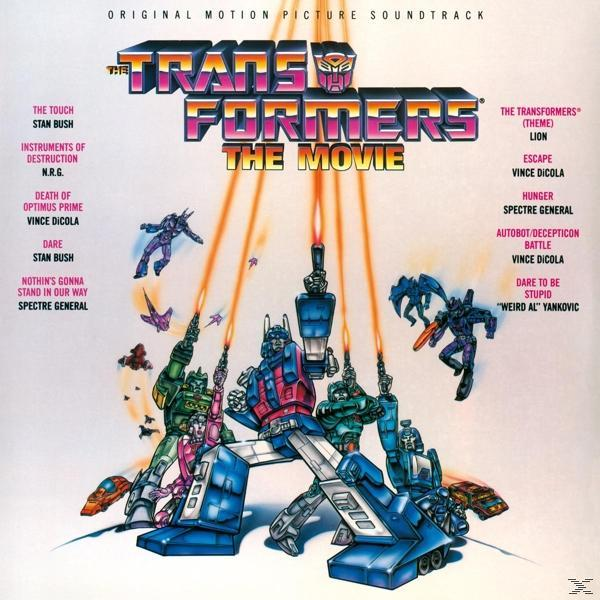 Album borító: Transformers The Movie, robotokkal és szöveggel.