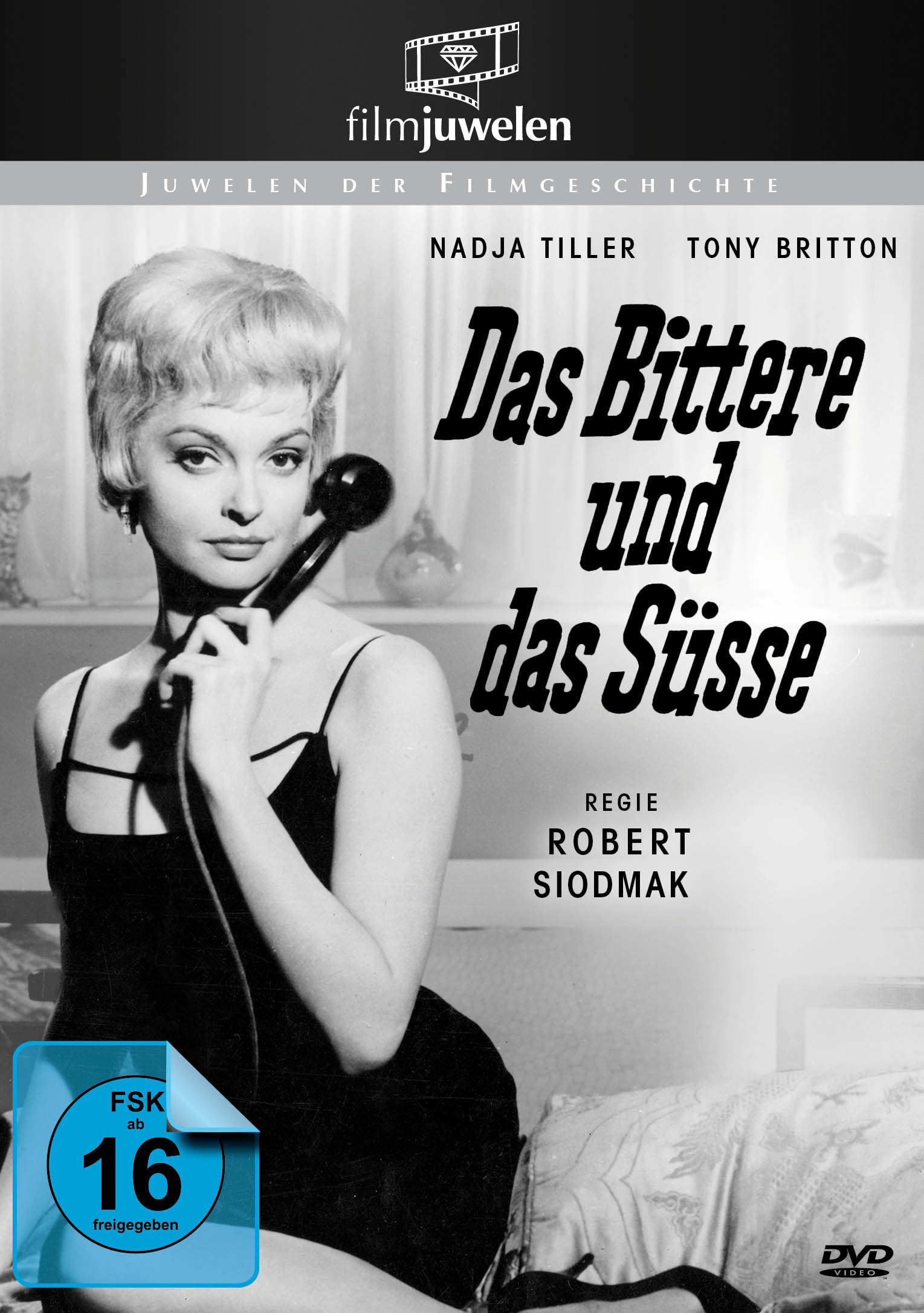DVD-Cover. Titel: Das Bittere und das Süsse. Frau mit Telefon.