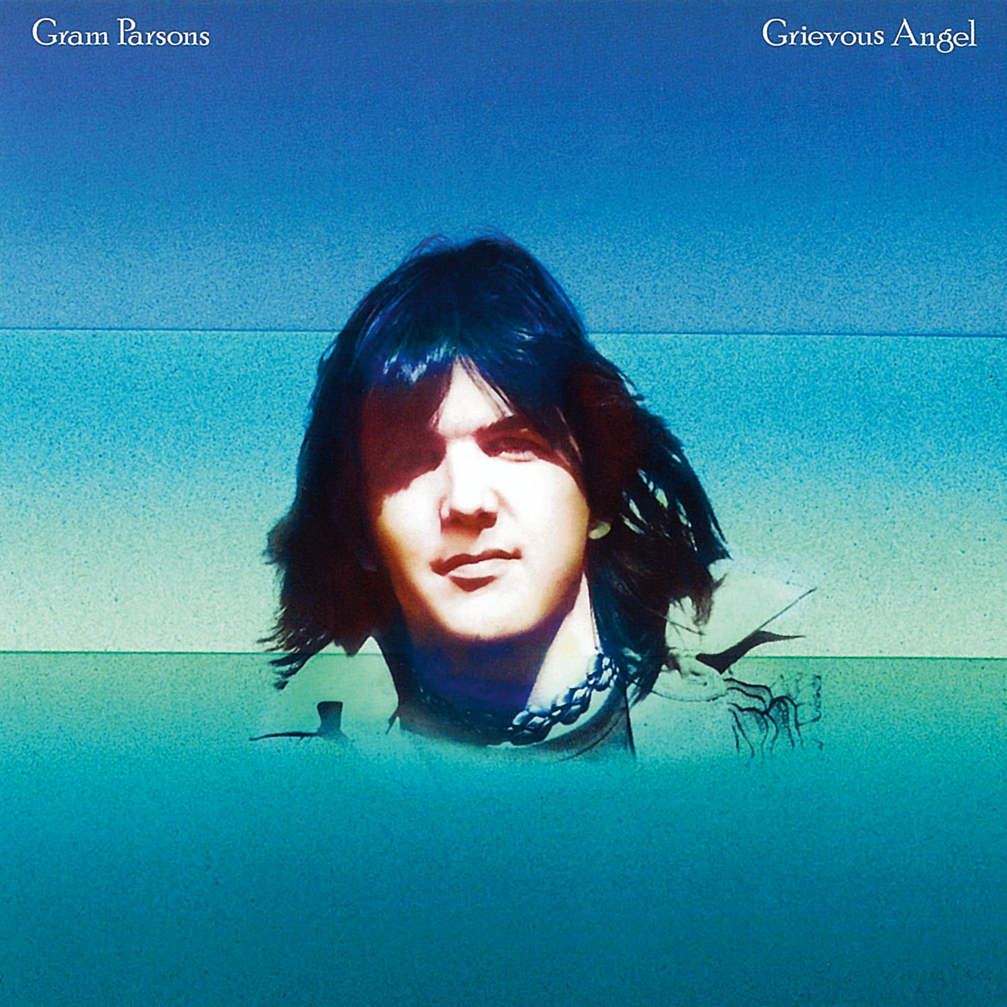 Albumcover von Gram Parsons, halb unter Wasser, mit dem Titel „Grievous Angel“.
