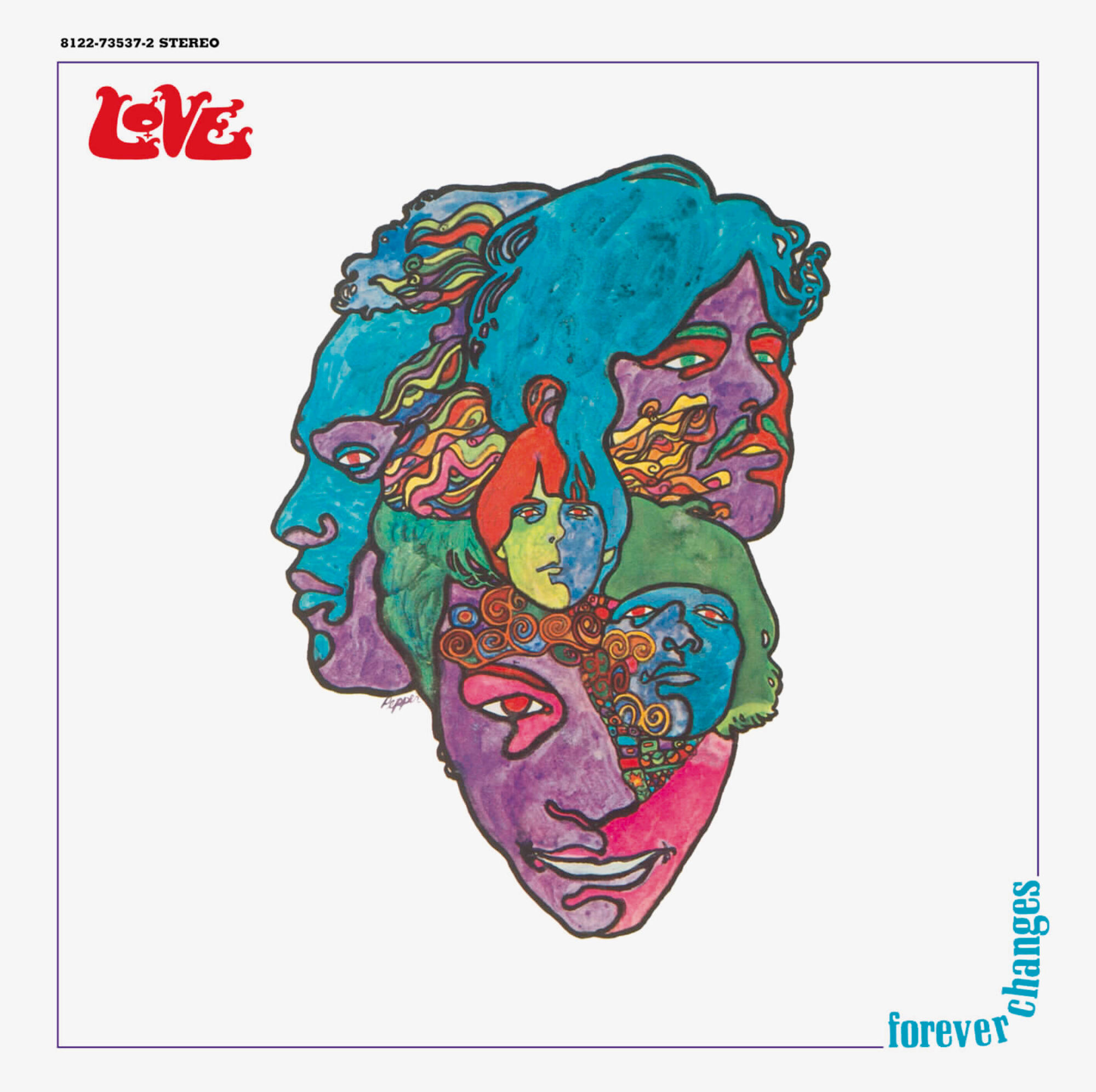 Albumcover. Bunte Gesichter mit dem Wort Liebe in Rot. Das Wort für immer ändert sich.