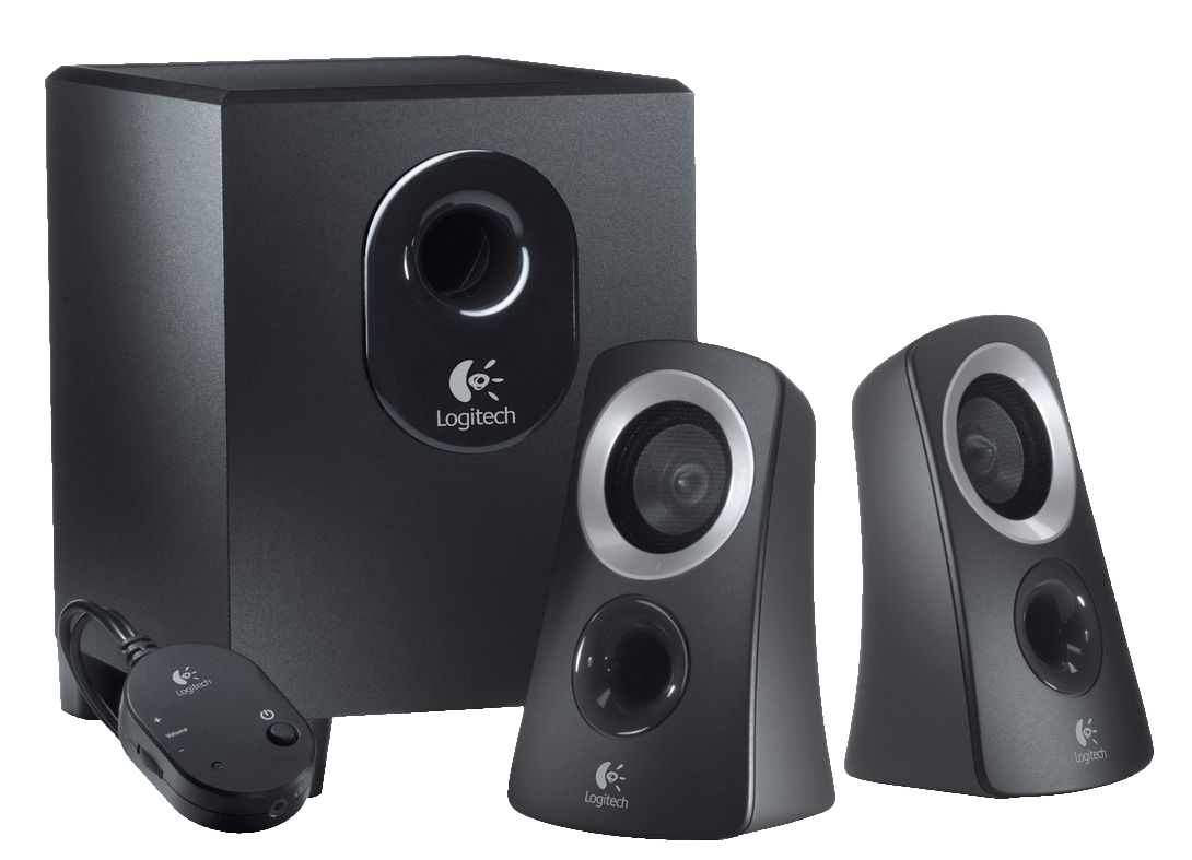 Egy fekete Logitech hangszórórendszer mélynyomóval, két műholdas hangszóróval és távirányítóval.