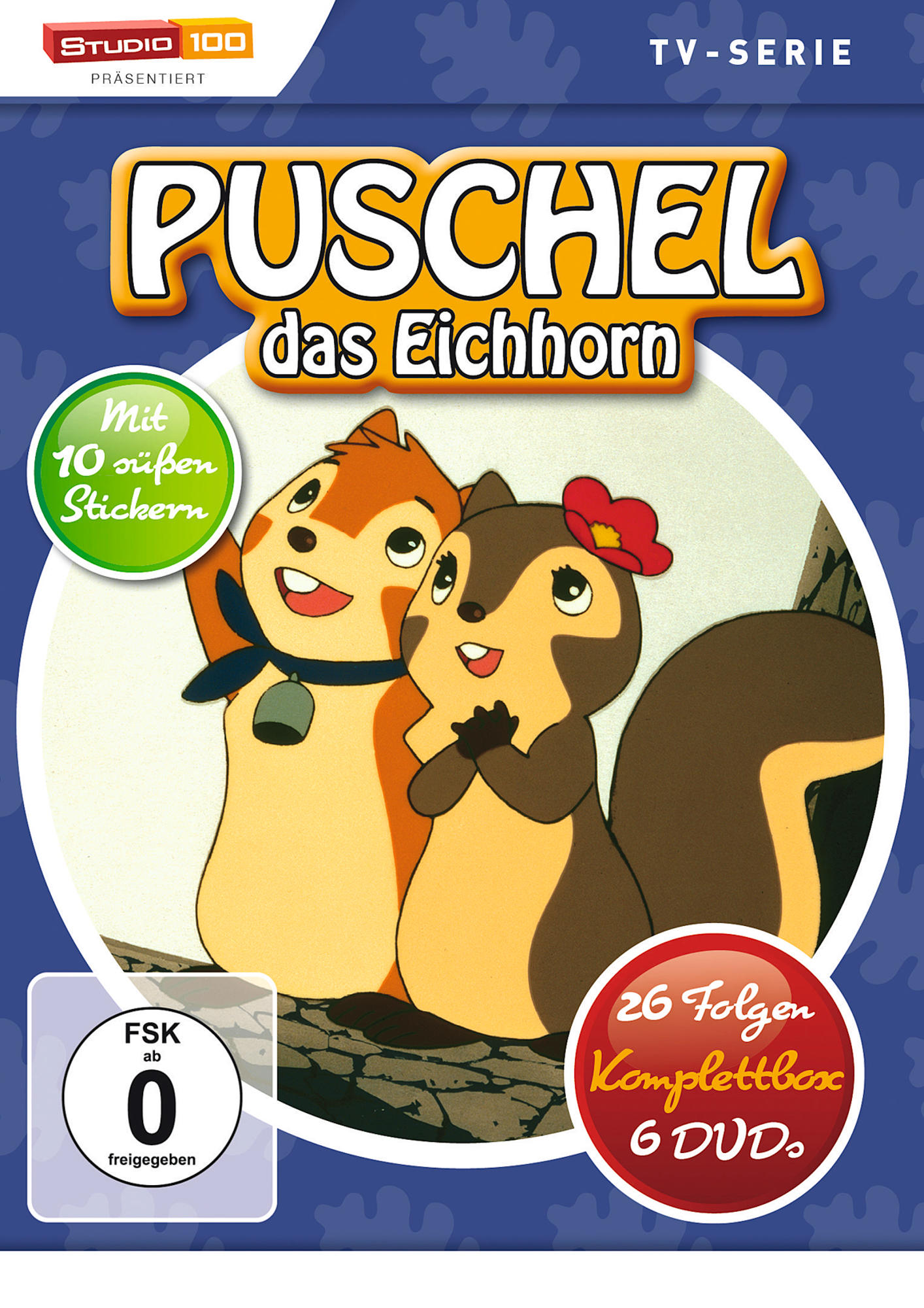 DVD-Cover: Zeichentrickserie 'Puschel das Eichhorn', mit zwei Eichhörnchen vorne und Cartoon-Stil.